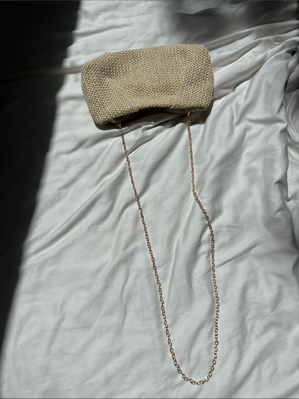 Woven Straw Clutch/Shoulder Bag with Gold Chain Strap